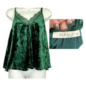illa illa Green Velvet Tank Top MEDIUM Lace Trim Women's